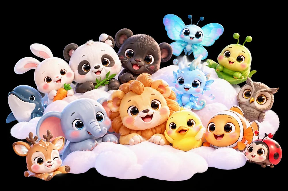 A group of cute animal friends sitting together on a fluffy cloud