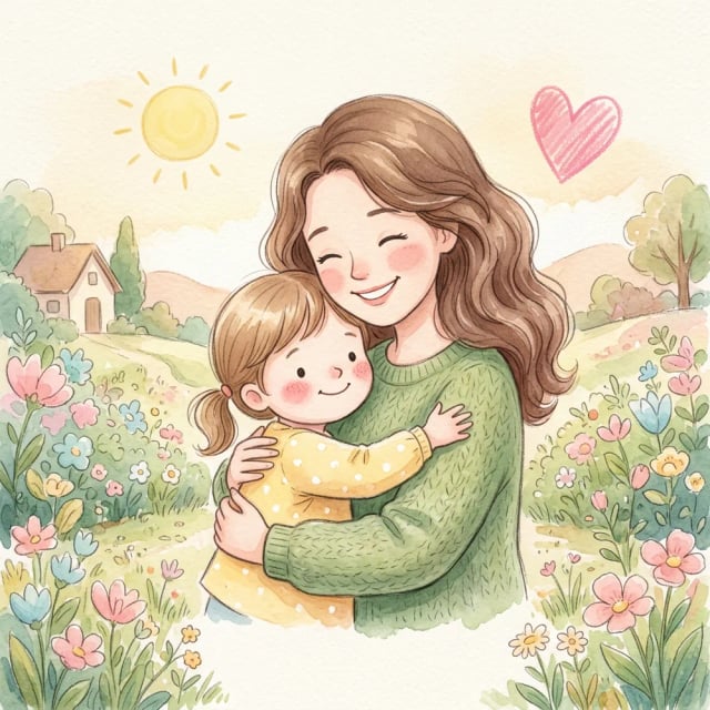Illustration of a mother hugging her daughter