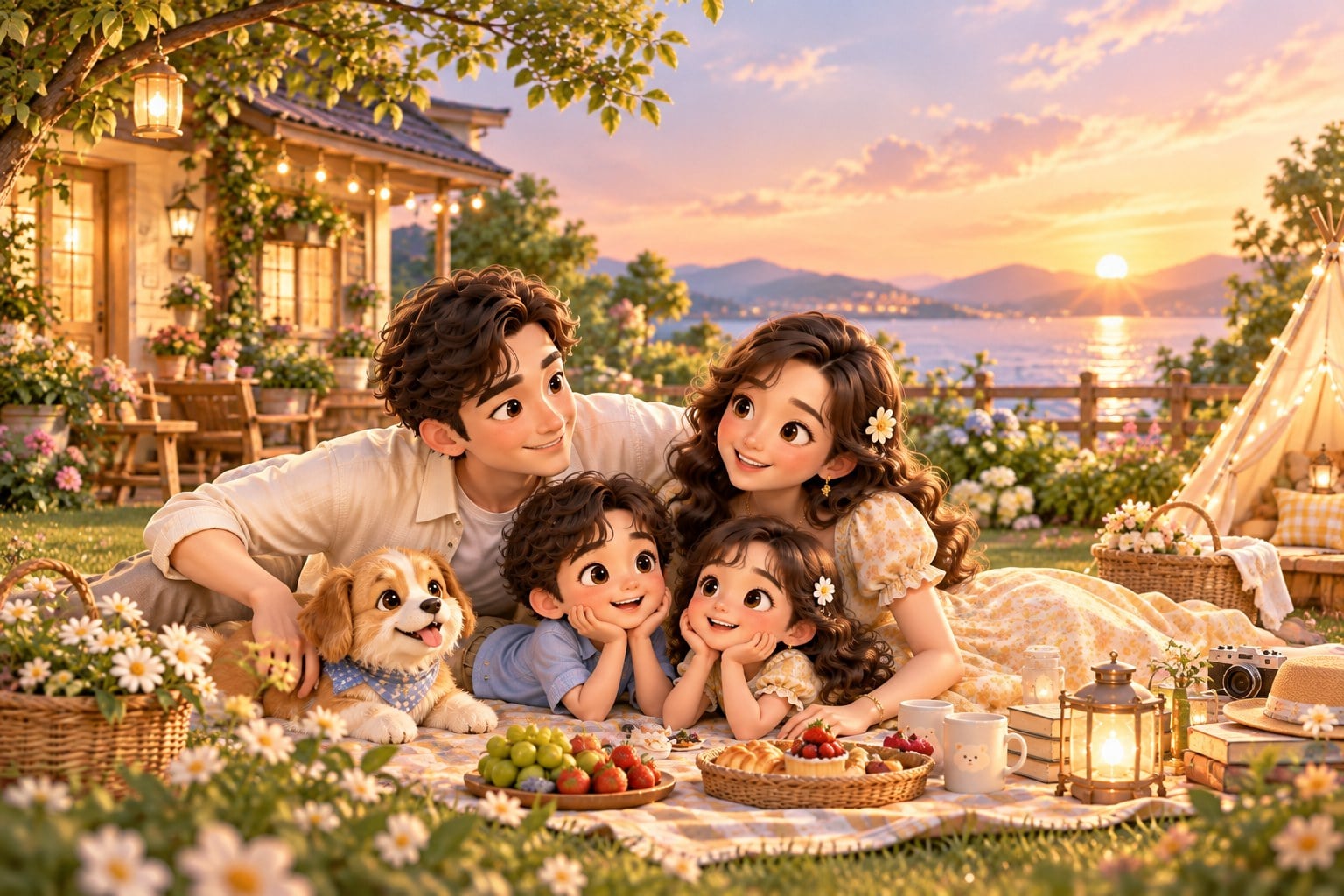 A family with a puppy enjoying a picnic in the garden at sunset