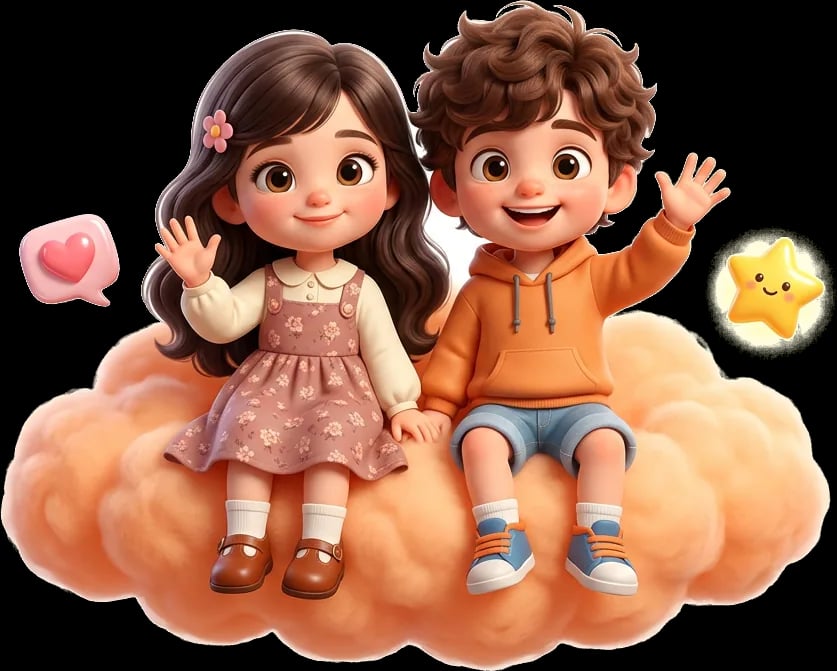 A happy girl and boy waving while sitting together on a fluffy peach cloud
